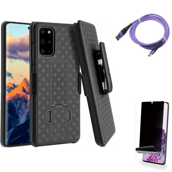 Case Belt Clip w 10ft USB Cable w Privacy Screen Protector for Samsung Galaxy S20 Plus - Holster Swivel Cover, Purple Type-C Charger Cord, TPU Film [NOT GLASS] [Fingerprint fits Galaxy S20 Plus