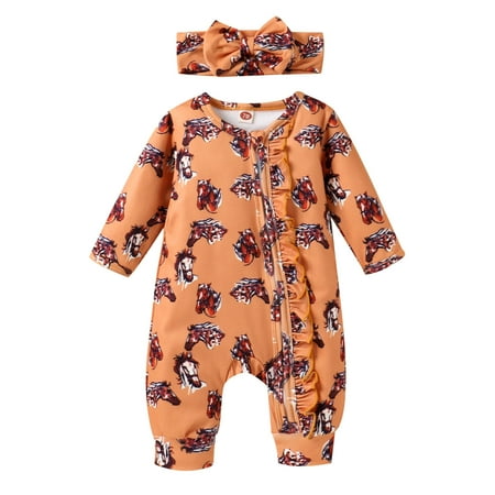 

AIMAOMI Infant Boys Girls Long Sleeve Cartoon Prints Ruffles Romper Jumpsuit Headbands Set H