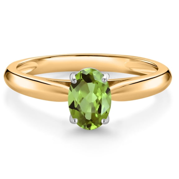 Gem Stone King 10K Yellow Gold Green Peridot Solitaire Engagement Ring for Women (0.90 Cttw, Oval 7X5MM, Gemstone August Birthstone, Size 8)