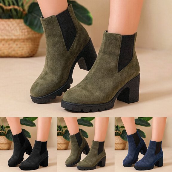 Pandaie Women's Suede Chelsea Ankle Boots Pull on Chunky Block Heel Lug Sole Platform Elastic Fall Booties Size 6-9