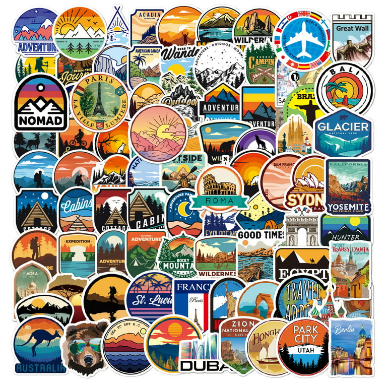Travel Decal Sticker 100 Pieces, Vinyl Outdoor Adventure Stickers, Vintage  Labels Stickers for Laptop Helmet Motorcycle Bike Suitcase 