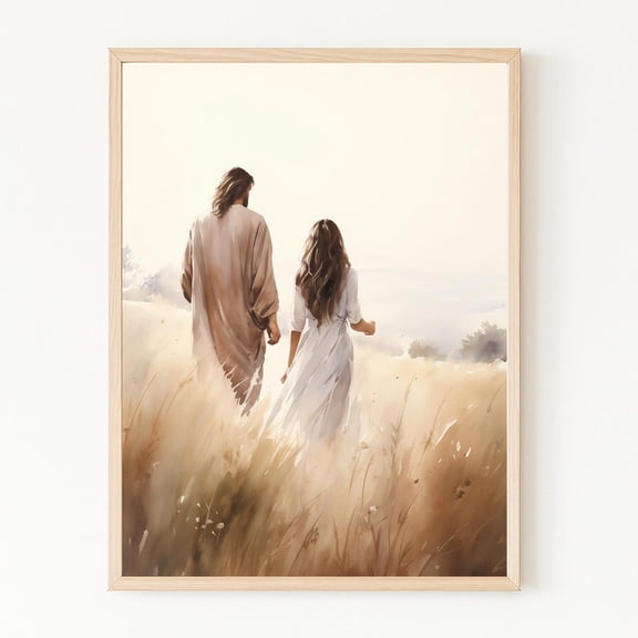 Jesus Walking With A Woman, Jesus Christ Print, Bible Art, Christian Wall Art, Jesus Watercolor Style Art, Jesus Picture, Christ Portrait UNFRAMED PAPER POSTER, Home Decor, Vintage Gift