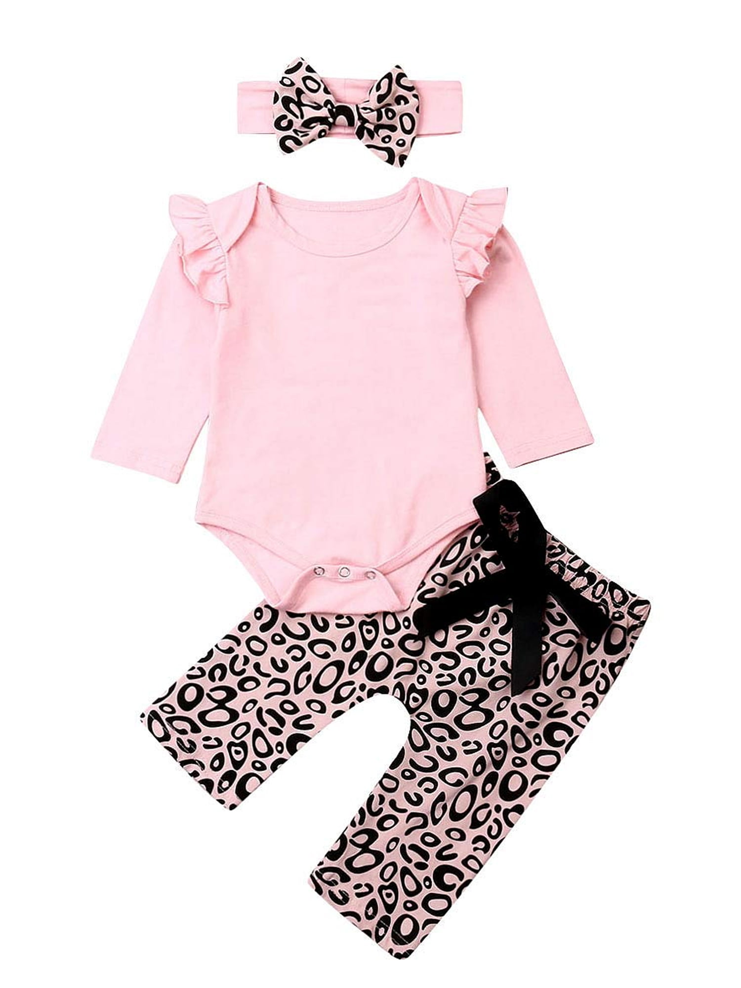 Infant Baby Girls 4 Piece Outfits Long Sleeve Letter Printed Romper Pants Heaadband Hat Set Fall Winter Clothes