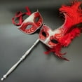 thumbnail image 2 of MASQ Masquerade ball stick mask Pair Detachable Handle Ostrich Feather Christmas New Year Mardi Gras Carnival Party, 2 of 4