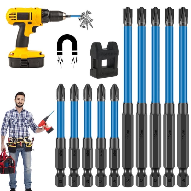 10Pcs Screwdriver Bit Set 65/110mm Magnetic Drive Bit Set Cross and Slotted 1/4 Inch Hex Shank Drill Bit Set with Magnetizer for Electric Screwdriver Impact Drill Power Tool