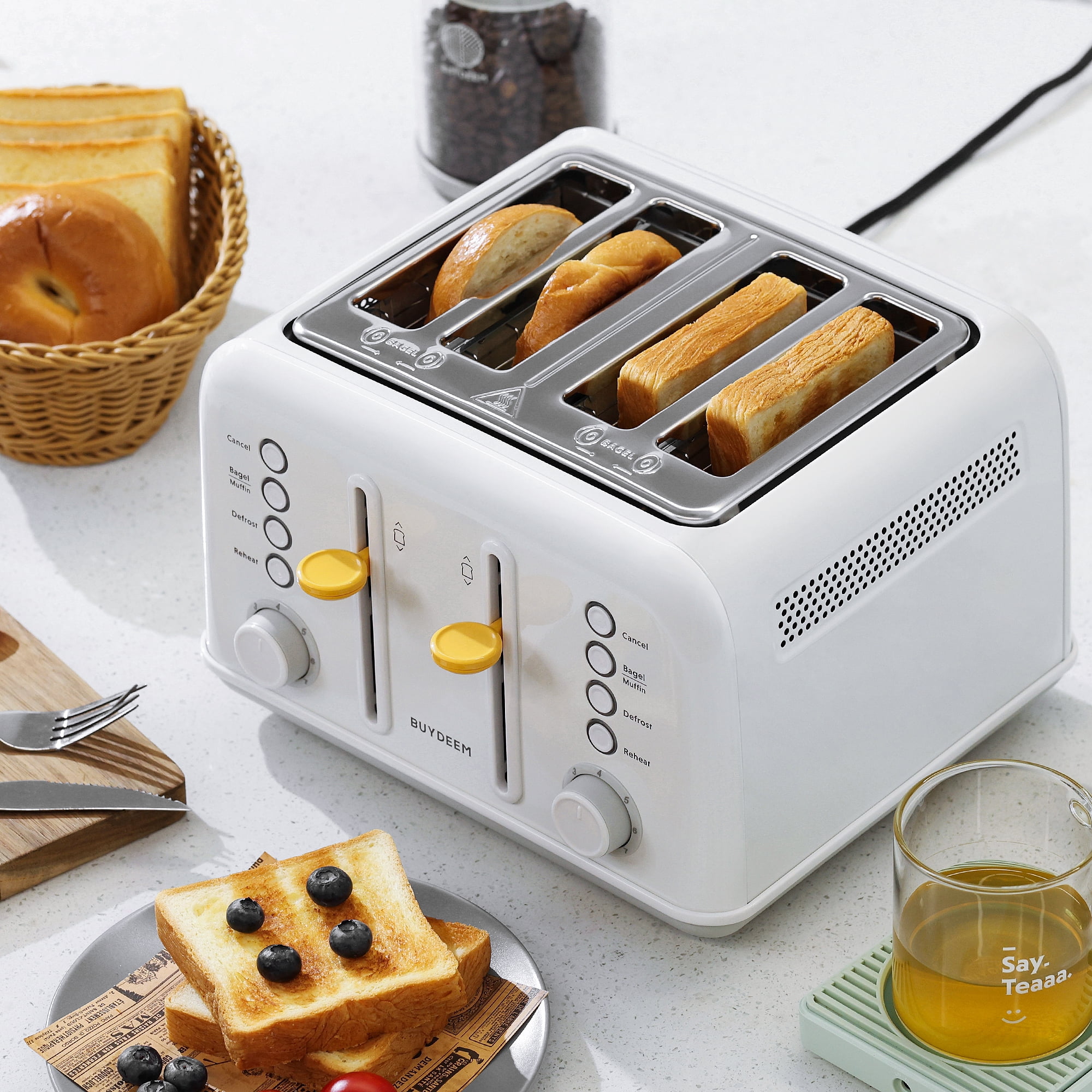 BUYDEEM DT640 4 Slice Toaster, Extra Wide Slots, Retro Stainless Steel with High Lift Lever, Bagel and Muffin Function, Removal Crumb Tray, 7-Shade Settings (Arctic White, 4-Slice)