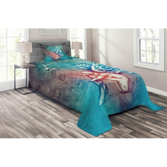 Ambesonne Fantasy Quilted Coverlet 2 Pcs, Butterfly Winged, Twin Size, Blue Purple