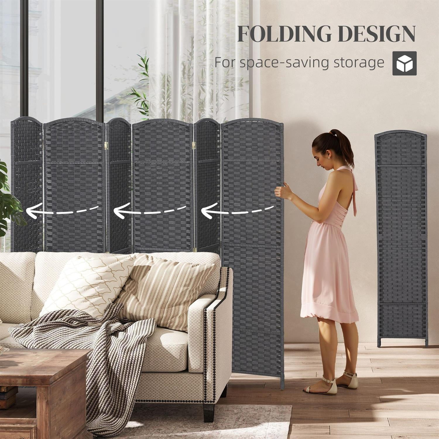 Demi Bonn 6-Panel Foldable Room Divider Screen with 5.6ft Tall Privacy Screen, Space Partition for Home Office, Freestanding Screen Wall, Gray