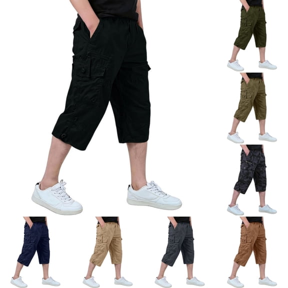 Men's Capri Long Twill Cargo Shorts Outdoor Hiking Below Knee Short Relaxed Fit Casual Classic Cotton Shorts with Multi-Pocket Black XXXL