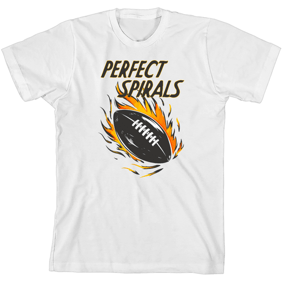 "Perfect Spirals" Flaming Football Youth White Short Sleeve Tee-Medium
