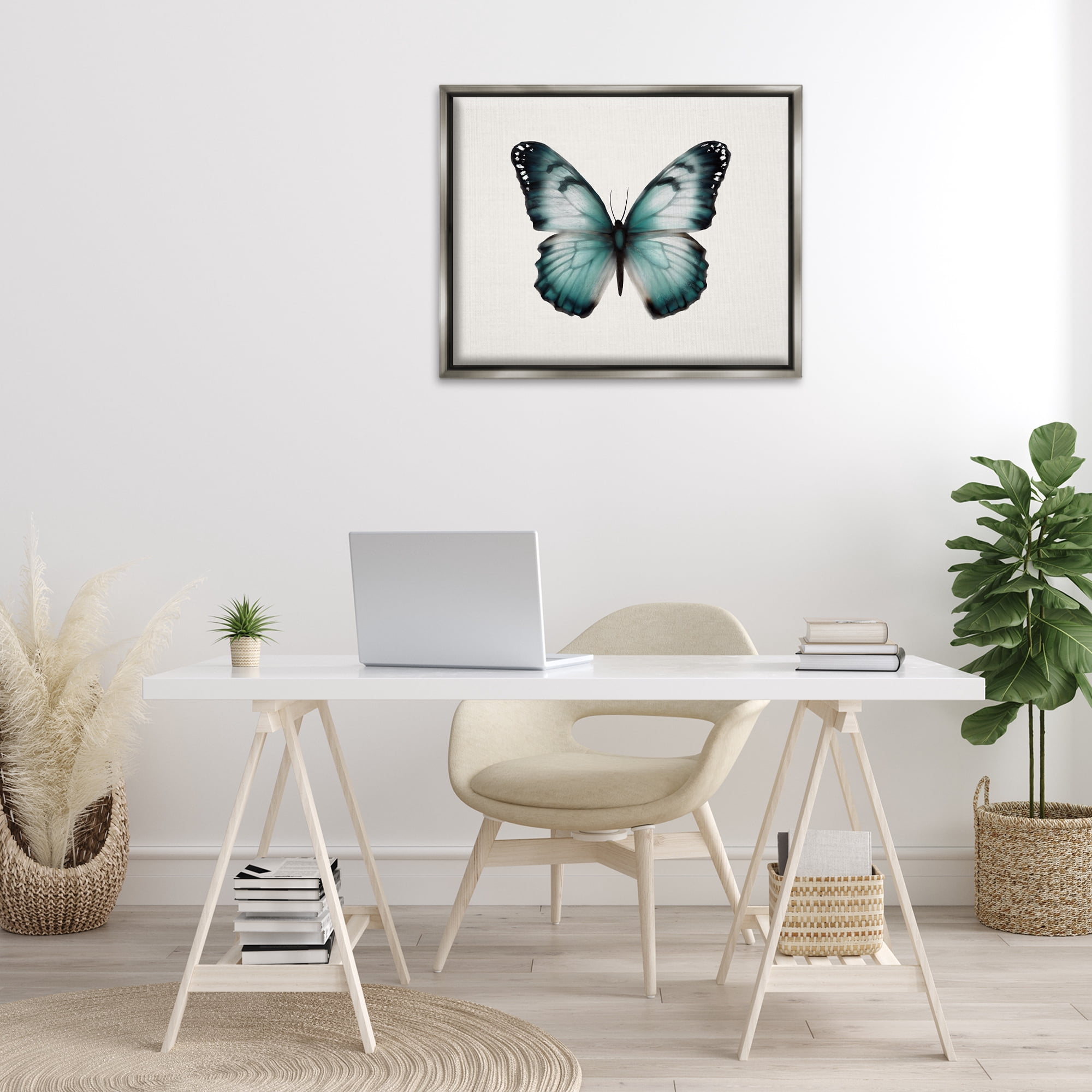 Stupell Industries Teal Symmetrical Butterfly Animals Painting Gray Floater Framed Canvas Art Print Wall Art, 31 x 25