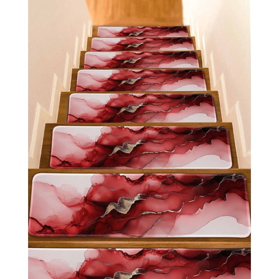 Red Marble Non-Slip Stair Treads for Wooden Steps, 4 Pack-8x30in Carpet Stair Mats with Adhesive Backing, Noise-Reducing Step Covers for Indoor Stairs, Easy to Install & Residue-Free