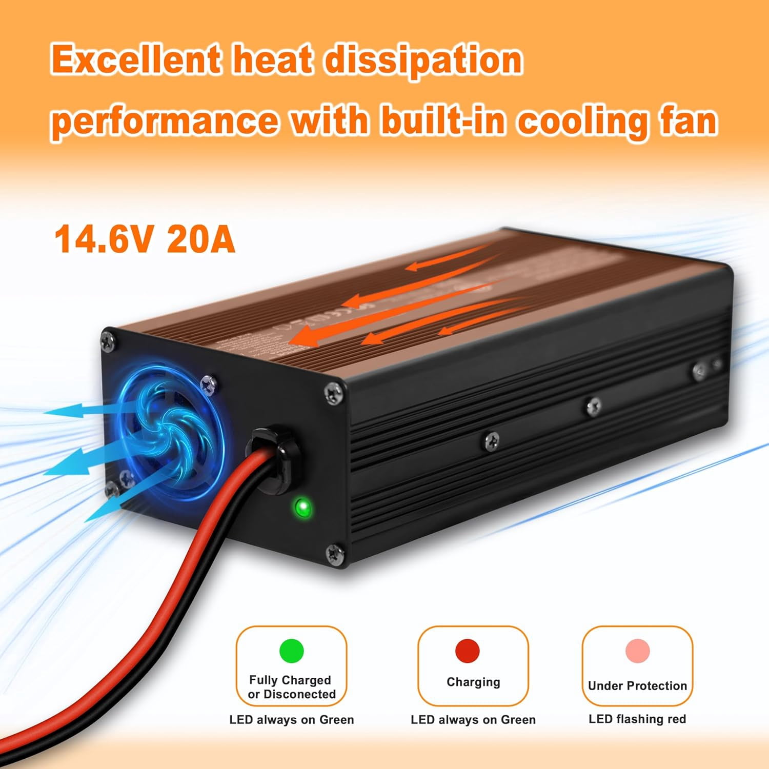 12V 20A LiFePO4 Battery Charger 14.6V Lithium Charger for 12.8V Deep Cycle Lithium Rechargeable Batteries