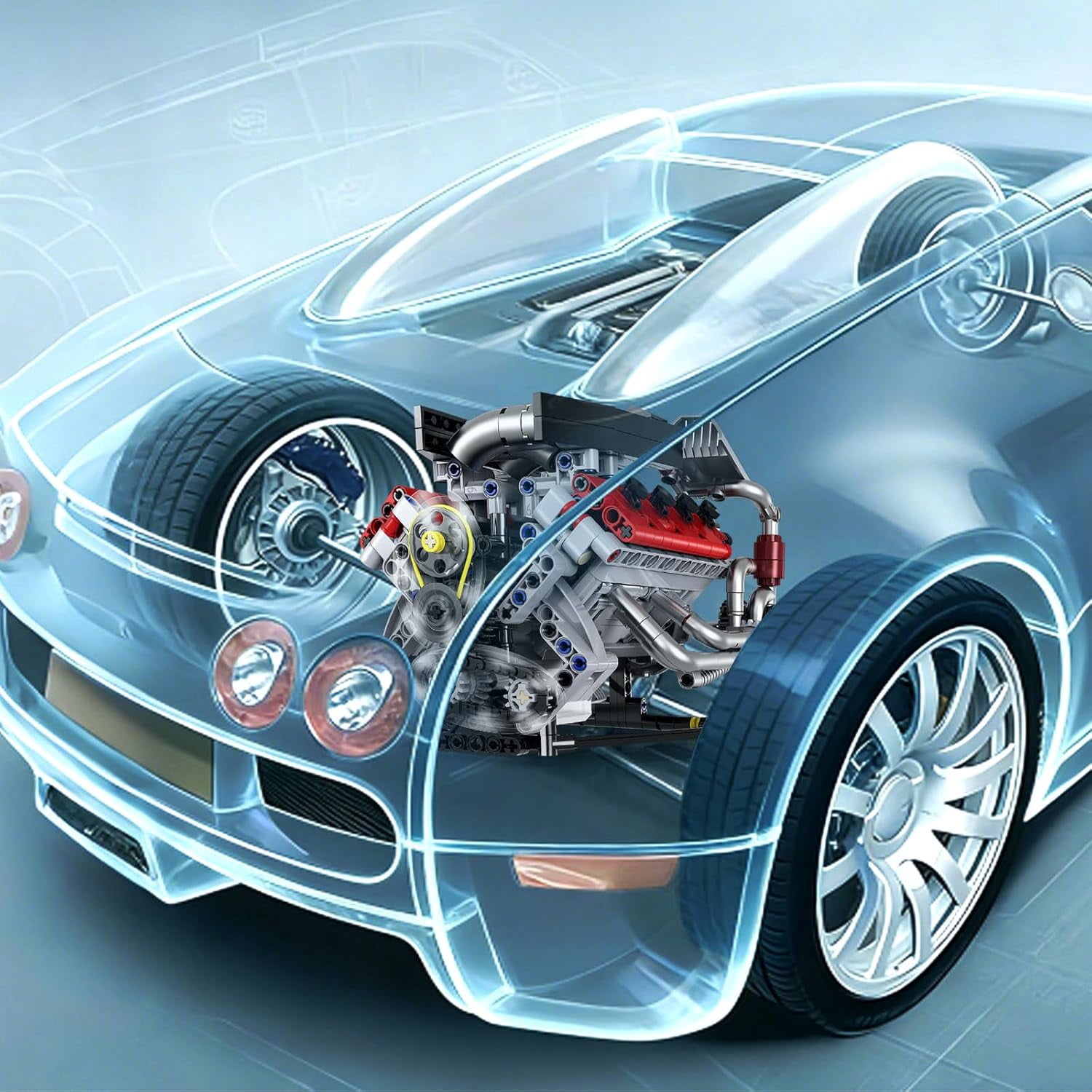 700PCS V8 Engine Kits that Works Building Sets,Car Engine Model Kit with Motor and Lights,Visible Piston Movement Mechanical STEM Toy for Car Enthusiasts Adults,Kids