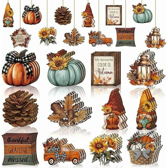 36 Pcs Fall Ornaments for Tree Fall Thanksgiving Tree Decorations Gnomes Wooden Hanging Ornaments Pumpkins Leaves Flowers Cutouts Autumn Decorations for Holiday Party Supply