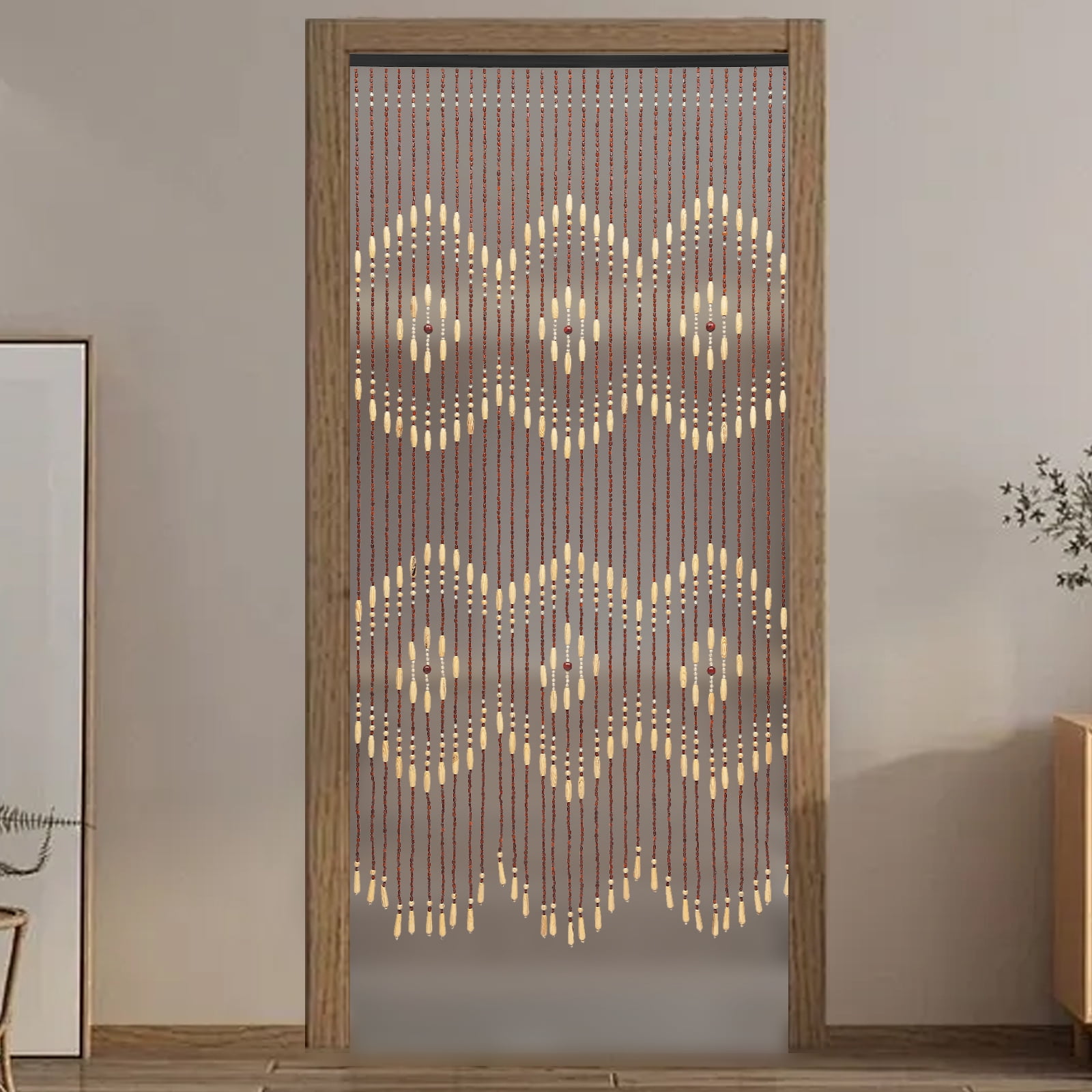 Wood and Bamboo Beaded Curtain, 31 Strands Handmade Hanging Door Curtain for Home Decor, Bohemian Hippie Style, 35.4 x 69 in