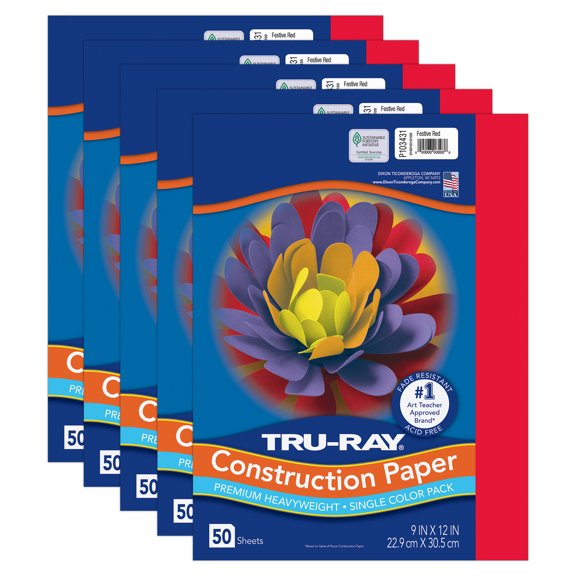 Tru-Ray Construction Paper, Heavyweight, Red, 9" x 12", 50 Sheets Per Pack, 5 Packs