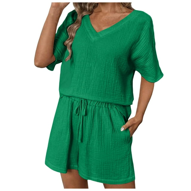 Conjunto informal de pantalones cortos lisos para mujer - Camisa con solapa y pantalones cortos, dos piezas, manga corta, corte ajustado, moda primavera/verano.