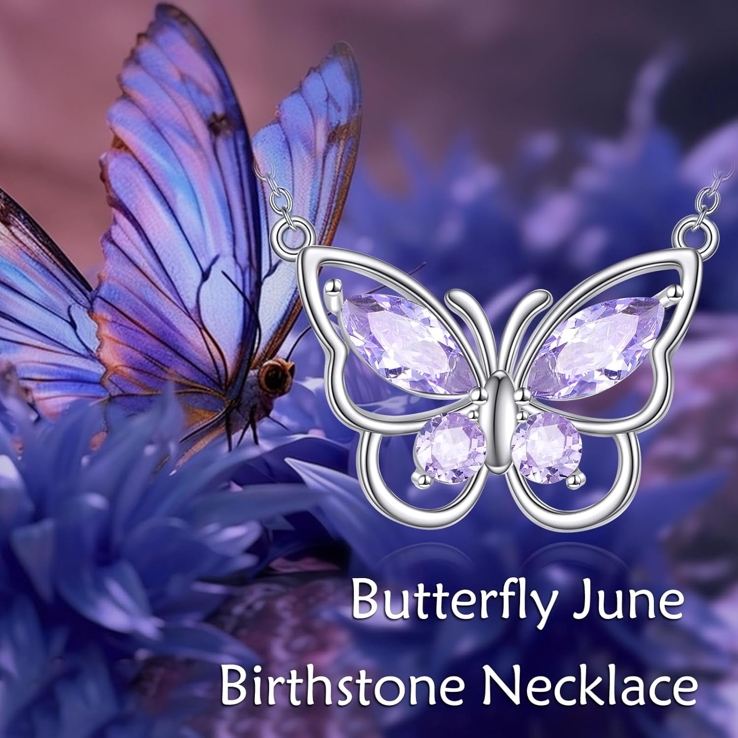 Butterfly Necklace for Women 925 Sterling Silver Crystal Butterfly Pendant Birthstone Amethyst Jewelry Gift