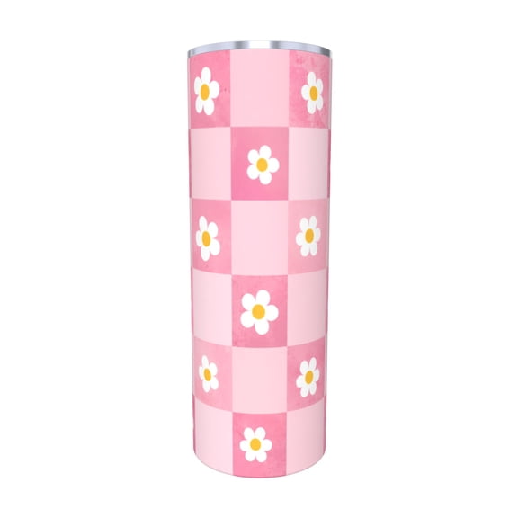 20oz Pink Checkerboard Daisy Tumbler with Handle Stainless Steel Insulated Travel Coffee Cup Gift with Straw