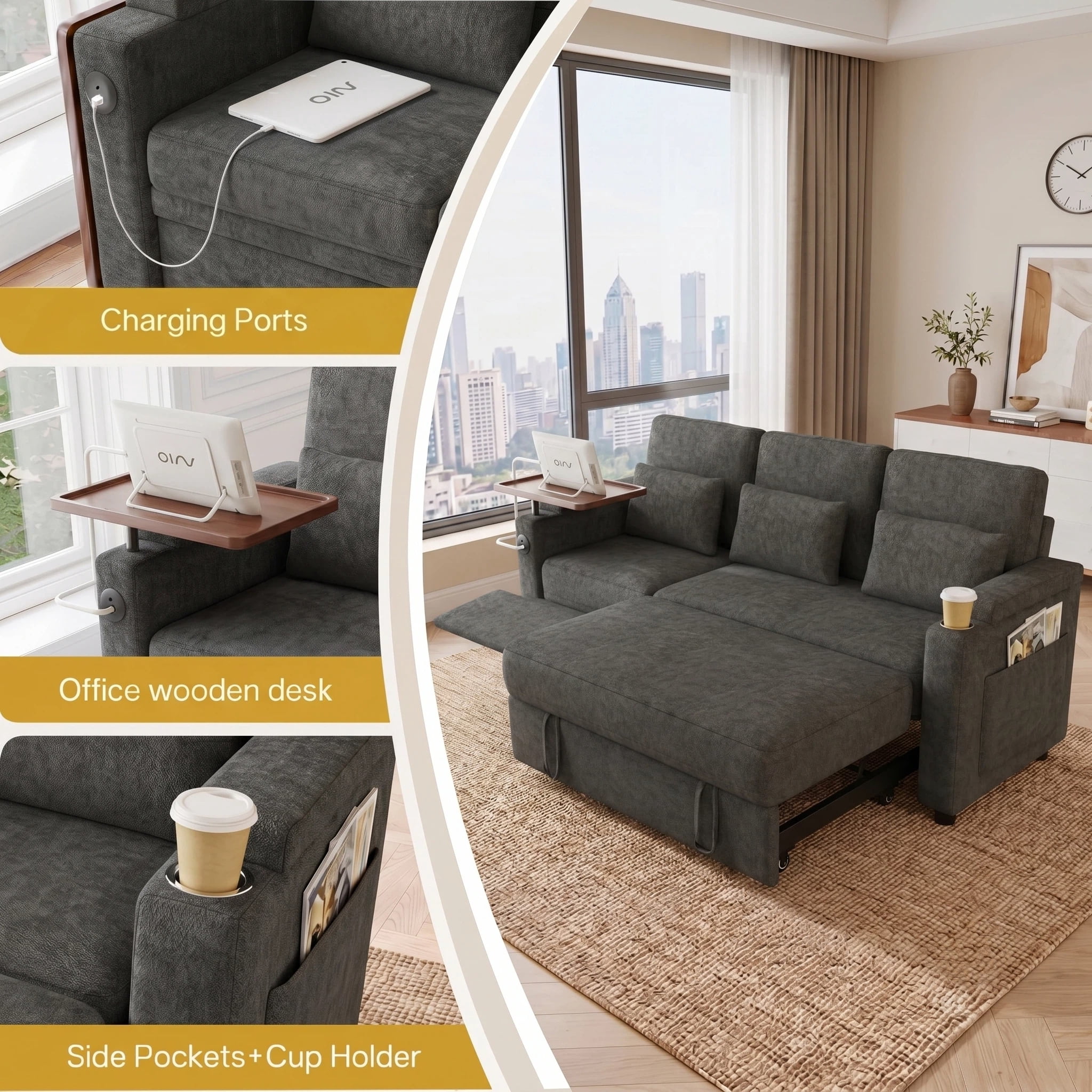 AISWORD 83" 3-in-1 Convertible Pull Out Sofa Bed, 6 Position Adjustable Sleeper Couch with USB Ports, Laptop Table, Cup Holders & Side Storage Pockets, Grey
