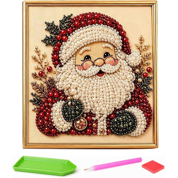 Christmas Pearl Diamond Kit – Santa Wall Art, DIY Decor, Stress Gift | DIY Christmas Pearl Diamond Kit w/ Frame - Santa Home Wall Decor, Beginner Gemstone Craft, Stress Relief