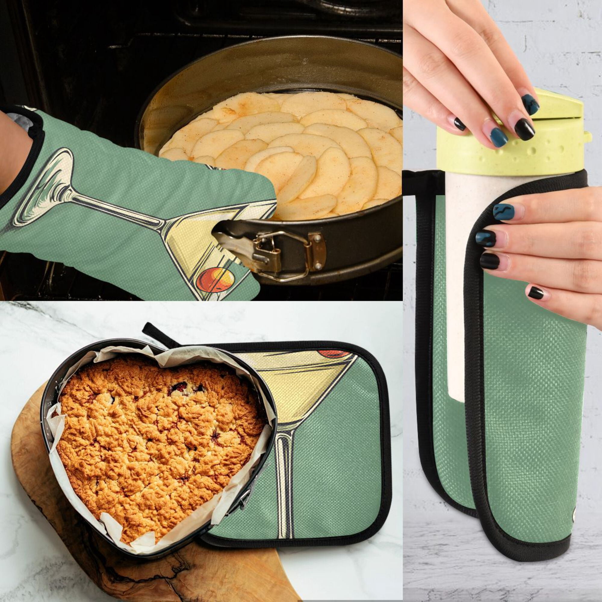 Yayeee Oven Mitts and Pot Holder Set of 4 Heat Resistant Kitchen Gloves Baking Hot Pad, Lemon Glass