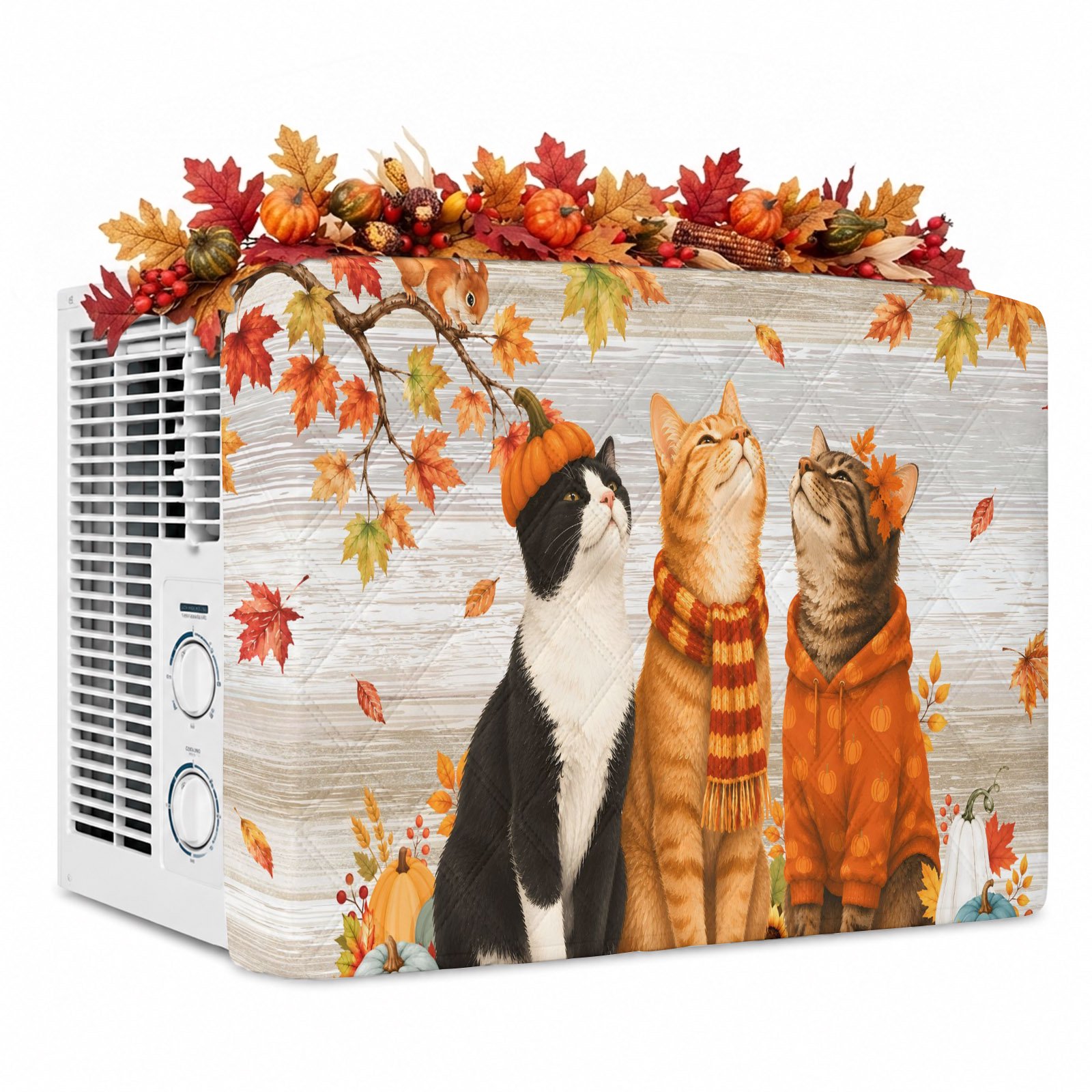 Fall Cat Indoor Air Conditioner Covers Insulation AC Unit Cover with Drawstring Thanksgiving Autumn Harvest Pumpkins Leaves Brown Waterproof Window Air Conditioner Covers for Inside 21 x15 x3.5