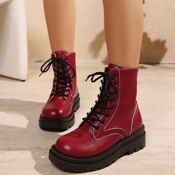 EKVAHL Women's Orthopedic Combat Boots, Ankle Booties Walking Shoes, Lace Up Round Toe Arch Support Thick Lug Platform Outdoor Punk Daily Boots Red