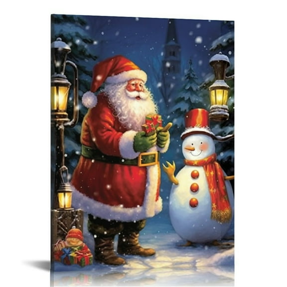 Nawypu Christmas Canvas Wall Art with Wood Frames Art Works Winter Poster Prints Santa Claus Snowman Hanging Wall Pictures Decoration for Holiday Living Room Bedroom Bathroom