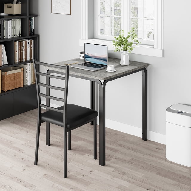 3 Piece Dining Table Set with 2 Chairs, Space Saving Rectangular Kitchen Table with MDF Top and Metal Frame, Compact Breakfast Nook Set for Apartment Dining Room, Gray Retro Black