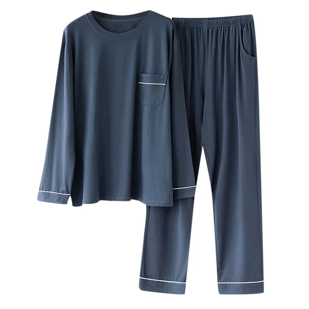Hombres Casual Solid Pullover Mangas largas Ropa de dormir Bolsillo Tops y pantalones Traje de cuello redondo Pompotops oipoqjl8948