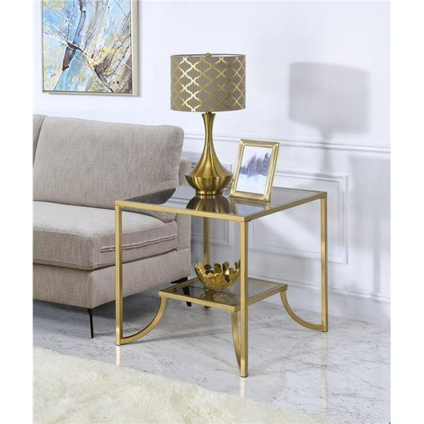 Benzara BM196686 Modern Metal Frame End Table with Tinted Glass Top