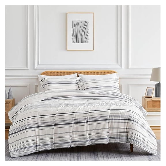3-Piece Comforter Full Size Set, Down Grey Striped Comforter with 2 Pillow Shams, Soft Microfiber Bedspread, Full or Queen Bed, Coastal Stripes Grey