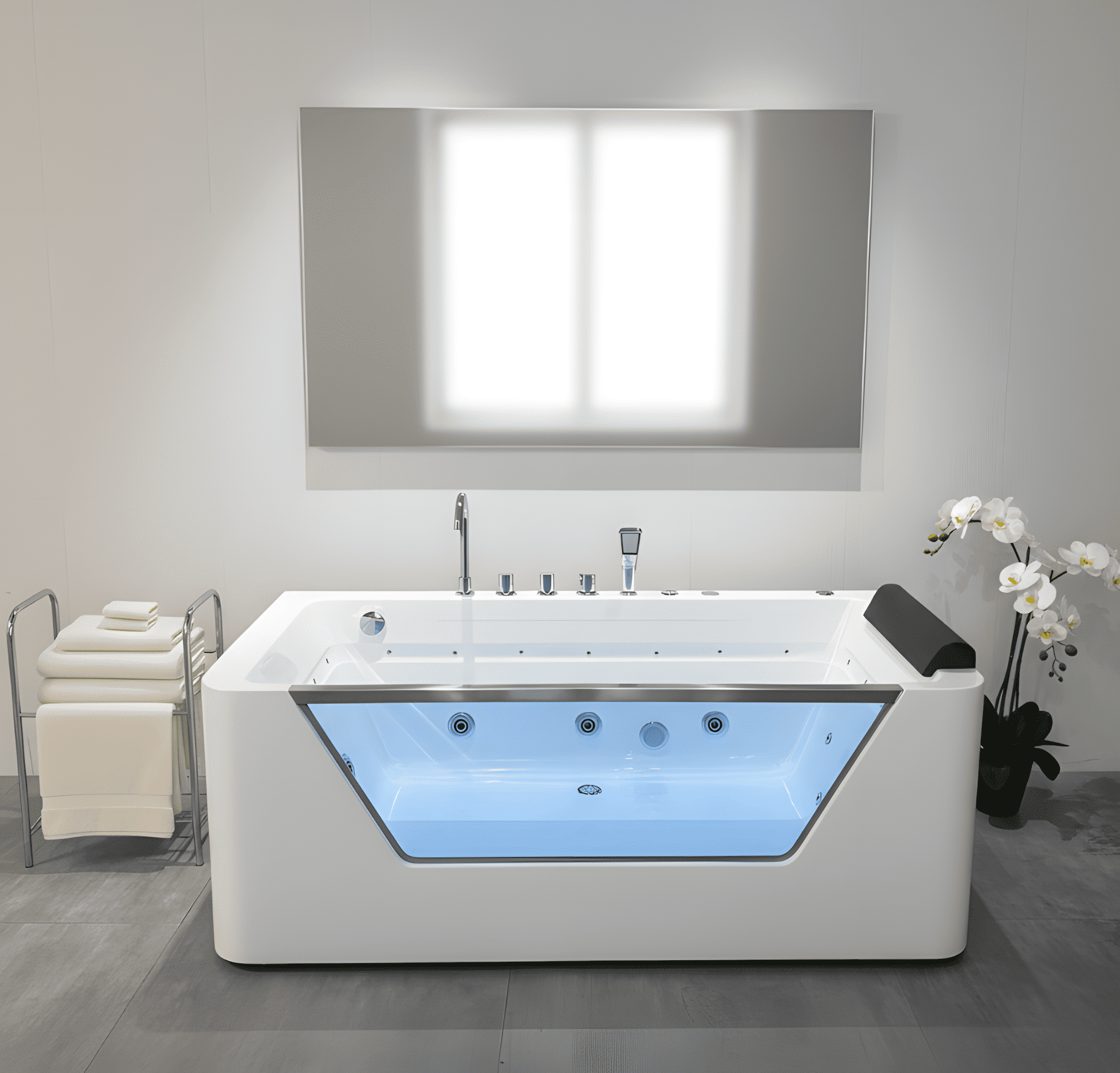 67" Luxury Whirlpool Bathtub with Panoramic Glass Window | 7 Hydro-Massage Jets, Waterfall Faucet & LED Chromatherapy | 1HP 750W Motor, Acrylic Spa Jetted Tub (110V) –Middle Drain