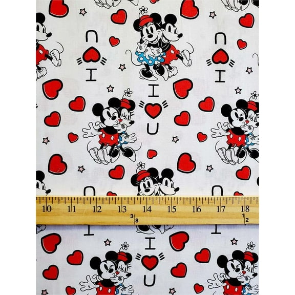 100% Cotton Fabric "Mickey & Minnie Mouse, I Love You" Print / 45" Wide / SBY