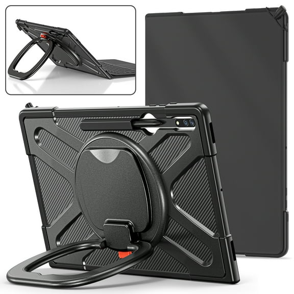 Dteck for Samsung Galaxy Tab S9 Ultra Case with Kickstand, Full Body Shockproof Rugged Cover with Rotatable Folding Handle Grip for Galaxy Tab S8 Ultra 14.6 inch 2022 X900/X906 - Black