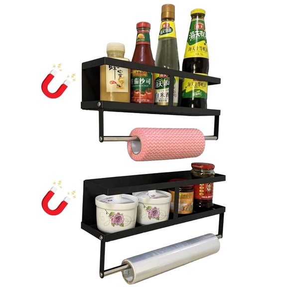 Two magnet shelves (15 inch and 16 inch), 6 hooks, paper towel rack. Refrigerator organizer bin. Kitchen organizer.
