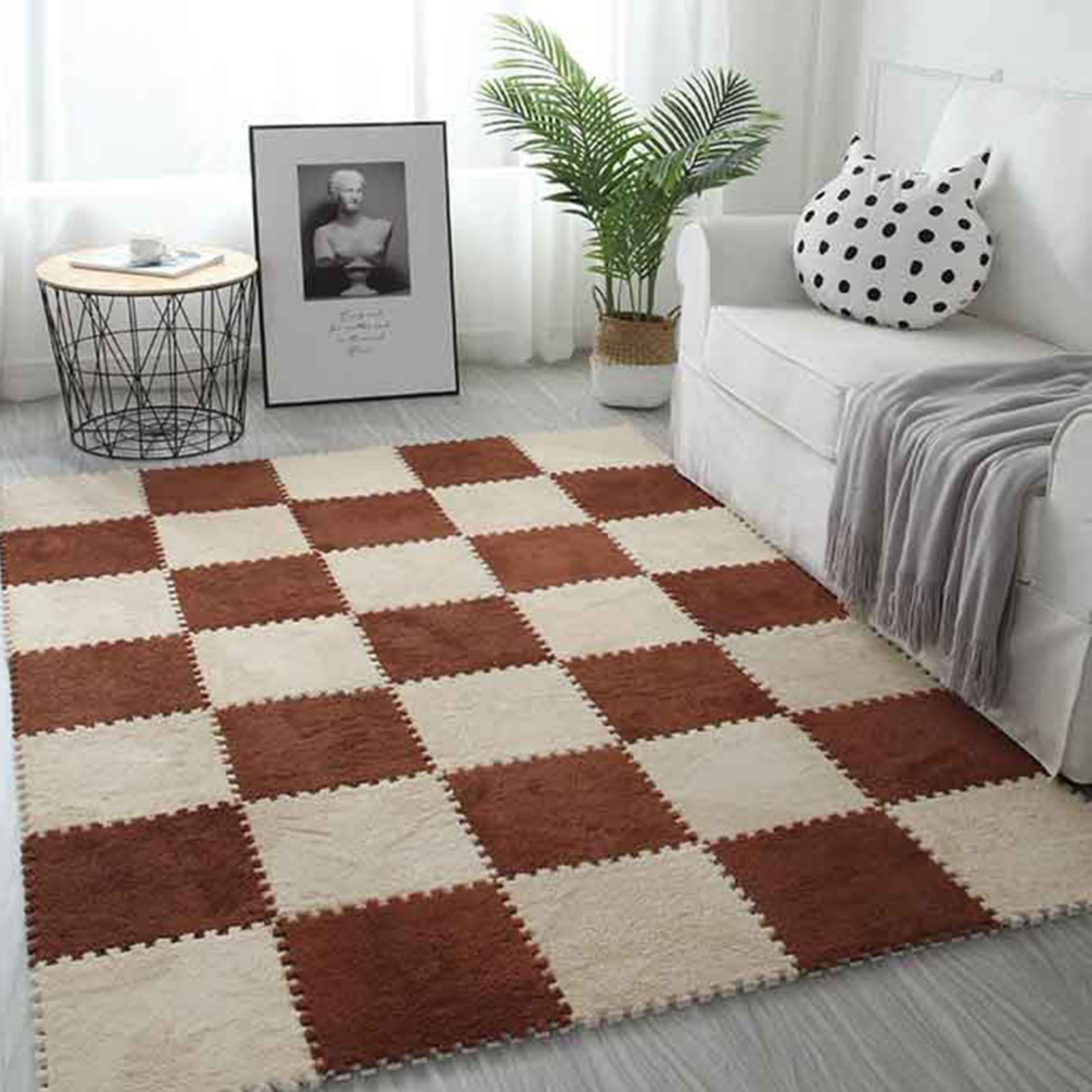 10PCS Plush Puzzle Foam Floor Mat for Kids- Thick Interlocking Fluffy Tiles with Border,Square Rug Split Joint Soft Climbing Carpet Mats Shaggy Area Rug for Room Floor-11.8 Inch