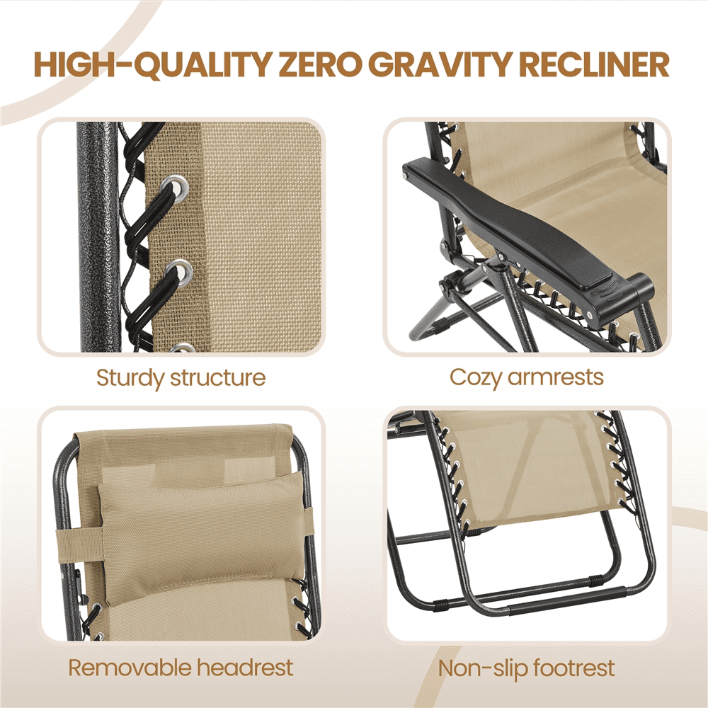 Renwick 26in Outdoor Zero Gravity Recliners with Cupholder, Set of 2, Beige
