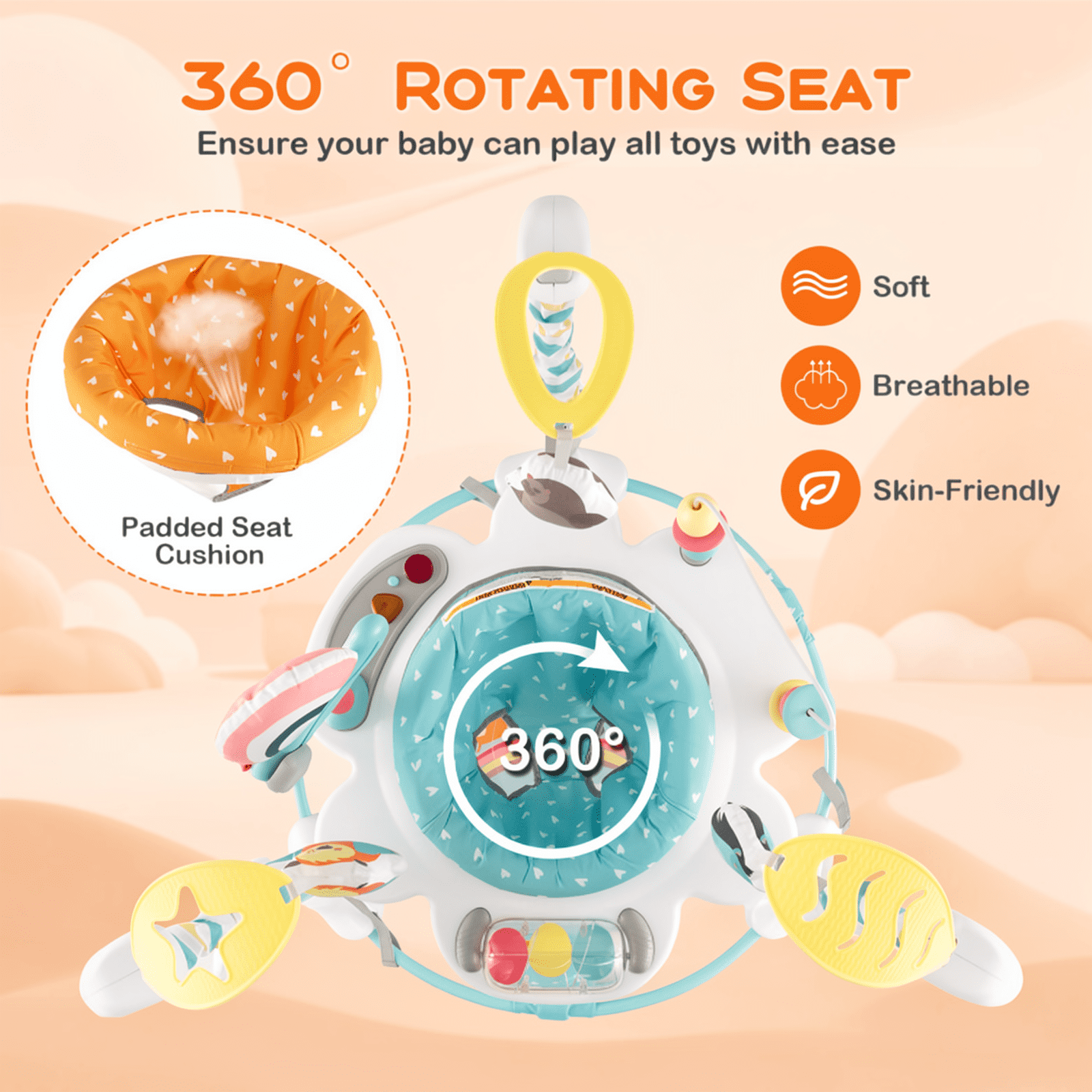 SUGIFT Height Adjustable Bouncer Activity Center Saucer with 360 Degree Rotating Seat, Interactive Toys, Music Tray and Removable Foot Pad for Nursery Play, Blue