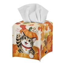 POLERO Waterproof Tissue Box Cover, Cute Cat Pumpkin Modern PU Leather Square Car Tissue Holder - Thanksgiving Decorative Organizer for Bathroom Vanity Countertop, Night Stands, Office Desk