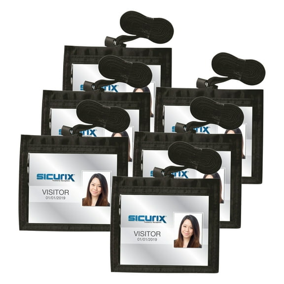 SICURIX Convention ID Neck Pouch Badge Holder, Horizontal, Adjustable Cord, 3" x 4" Insert, Black, Pack of 6