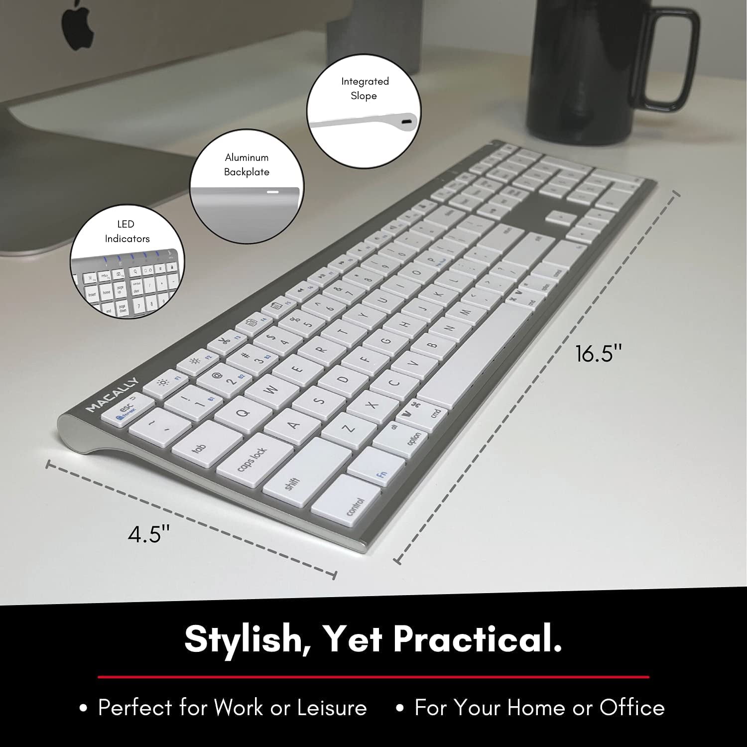 Macally Bluetooth Multi Device Keyboard for Apple, Windows, Android Computer and Tablet - Wireless, Numeric Keypad, Aluminum Silver