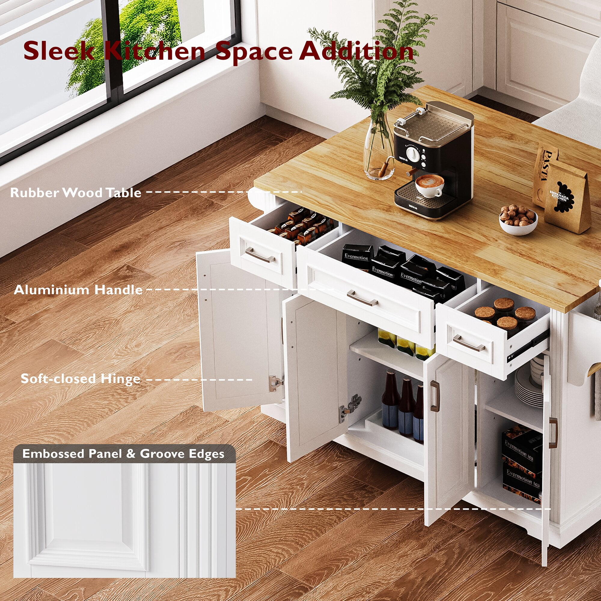 Yoneston 54" Large Kitchen Island with Drop Leaf, Rolling Kitchen Cart with Towel Rack Spice Rack and 4 Doors and 3 Drawers for Kitchen, Dining Room, White
