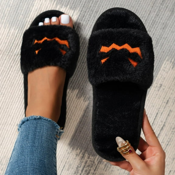 Viluyesy Womens and Mens Fuzzy Slippers, Open Toe Slip-On Plush Soft Sole Funny Halloween Home Slippers Black