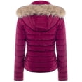 thumbnail image 2 of BodiLover, Women's, Winter Quilted Puffer Short Coat High Collar Jacket with Removable Faux Fur Hood Zipper Vegan Leather Piping, Burgundy, L, 2 of 2