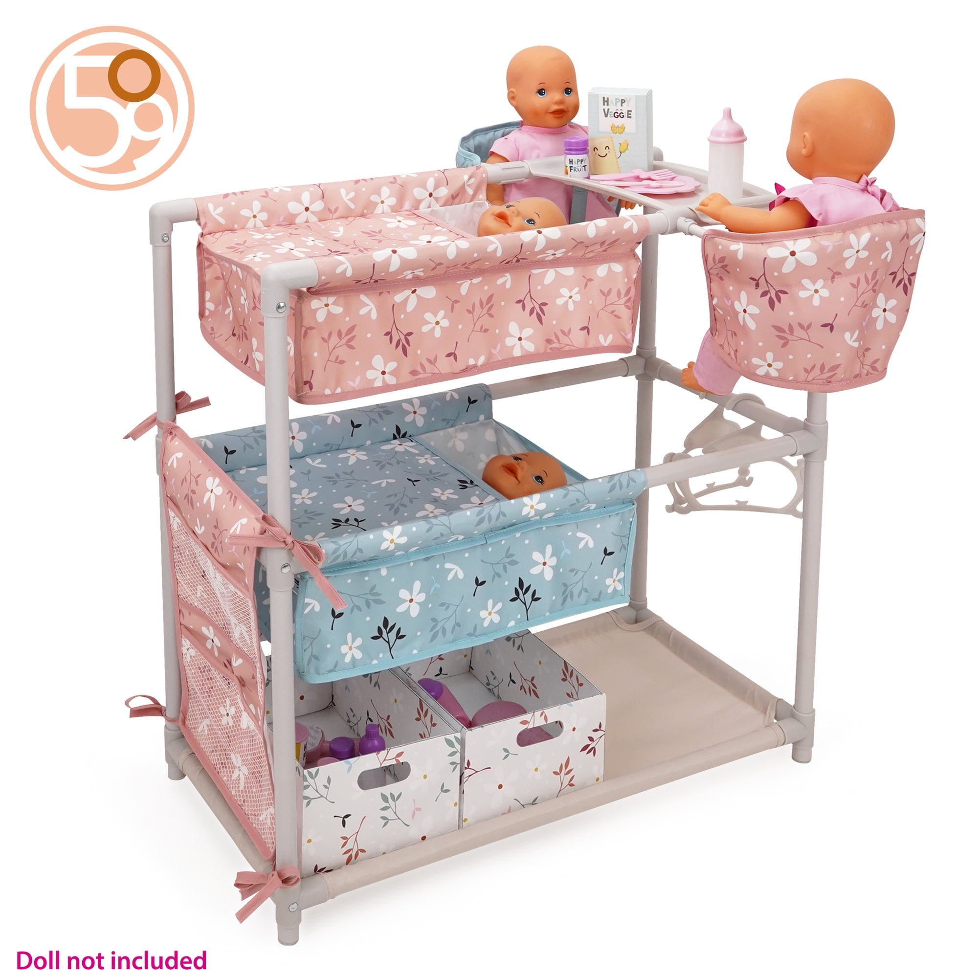 509 Crew: Springtime - Twin Center & Accessories Set - Pink-Blue-Flowers, Bunk Bed Highchair Station, 15 Feeding-Grooming Accessory Toys, Kids 3+