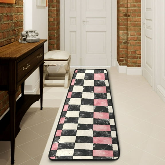 Ryvnso Pink and Black Checkered Pattern Hallway Runner Rugs Floor Carpet Non Slip Entryway Mat 2' x 6'