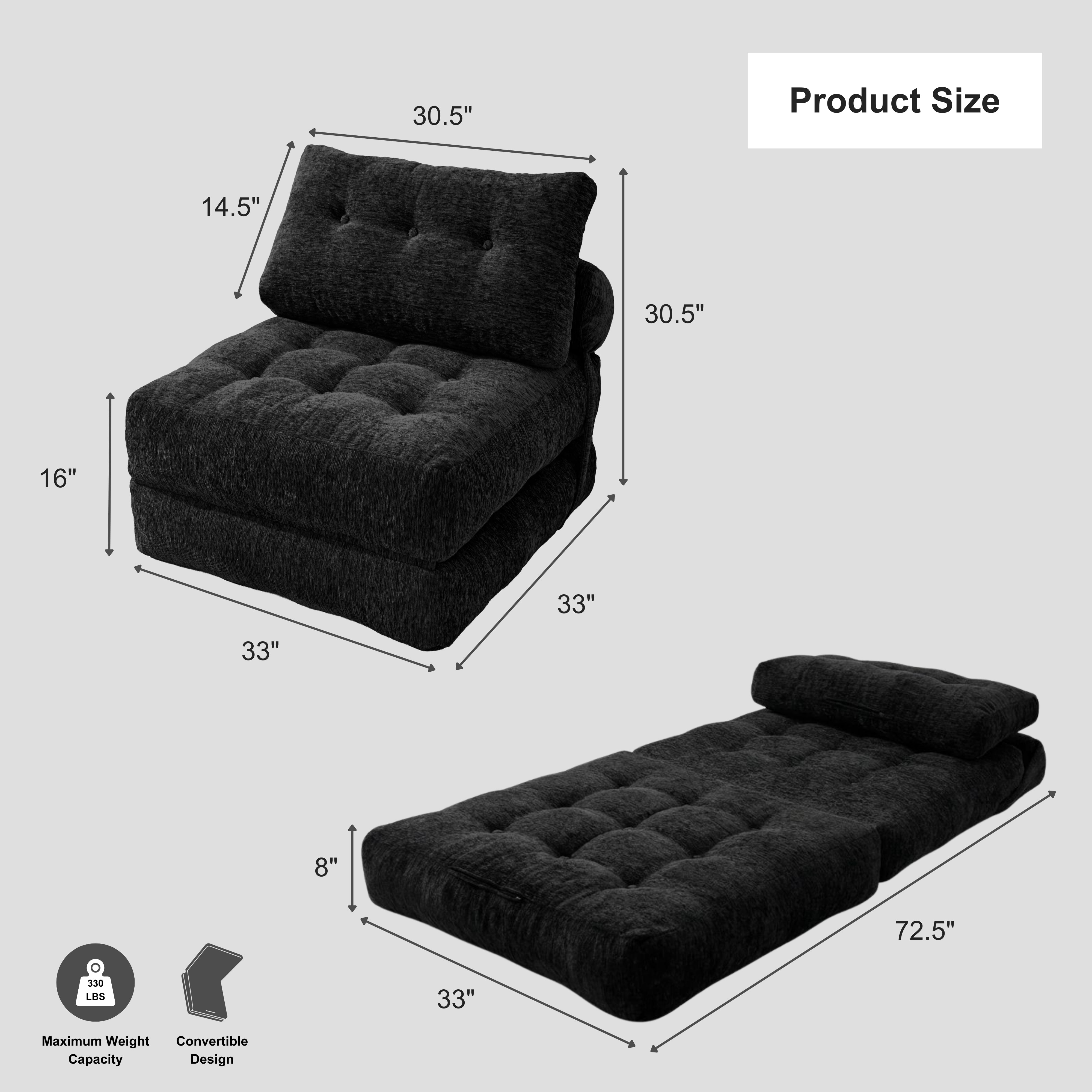 Oak and Birch Boneless Folding Sofa Bed, Convertible Floor Futon Chaise Lounge & Sleeper Bed, Shredded Foam Floor Couch for Living Room, Bedroom, Kids Room, Apartment, Chenille, Black